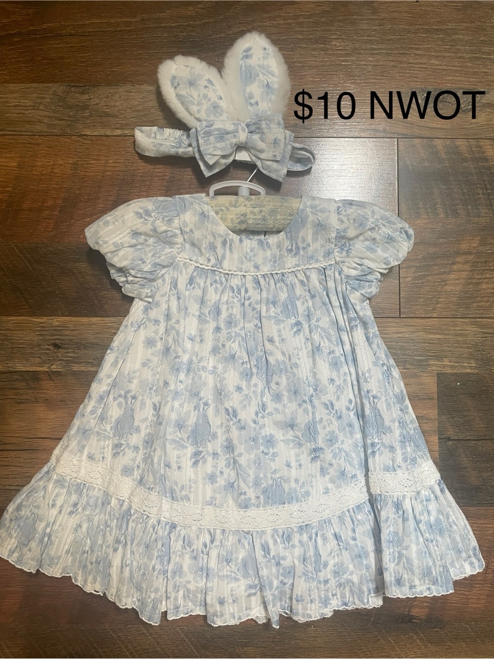 Haute Hippie Light Blue Floral Puff-Sleeve Dress with Bunny Ear Headband